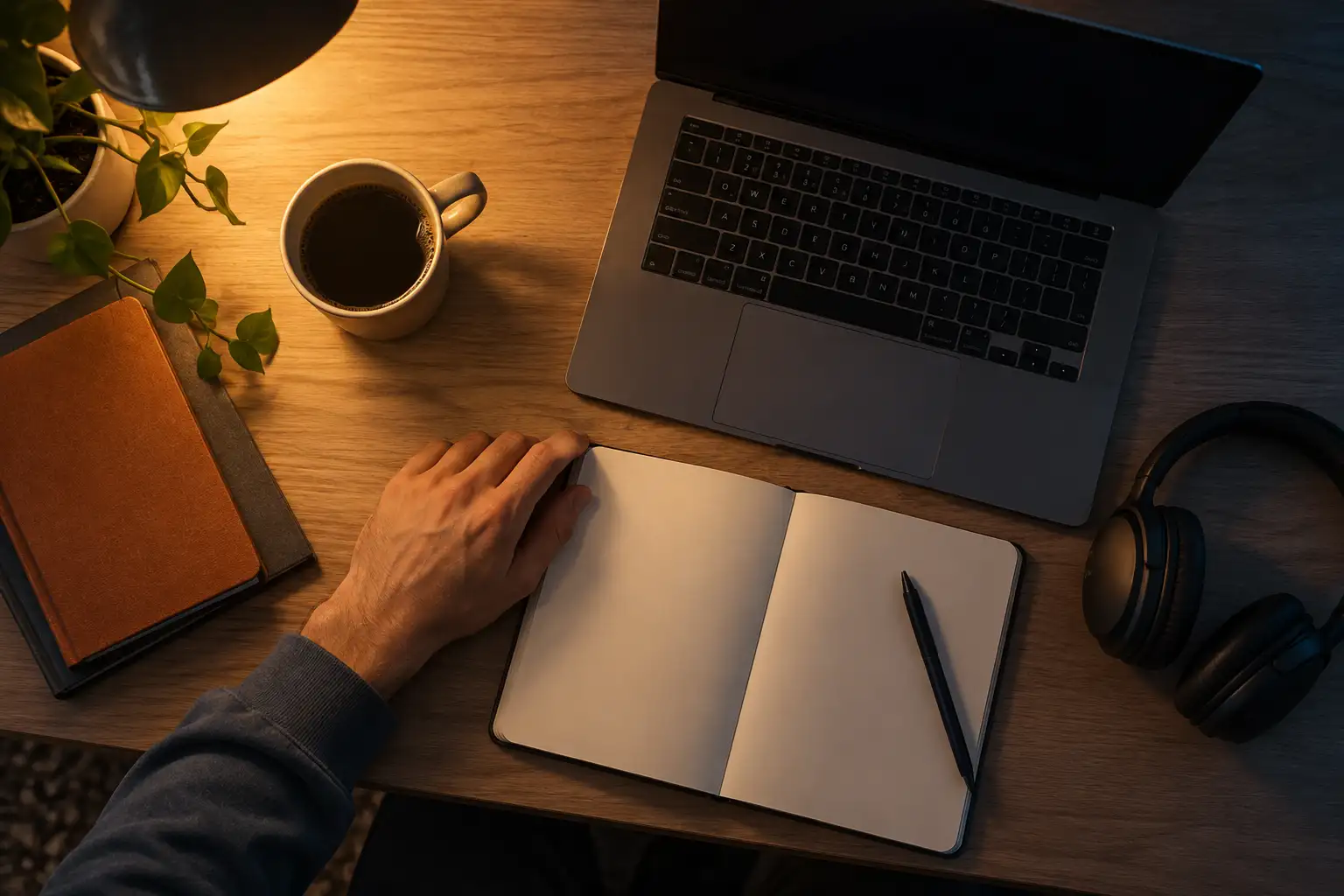 Jack Fletcher's desk at night with a laptop, notebook, and coffee cup during a late work session