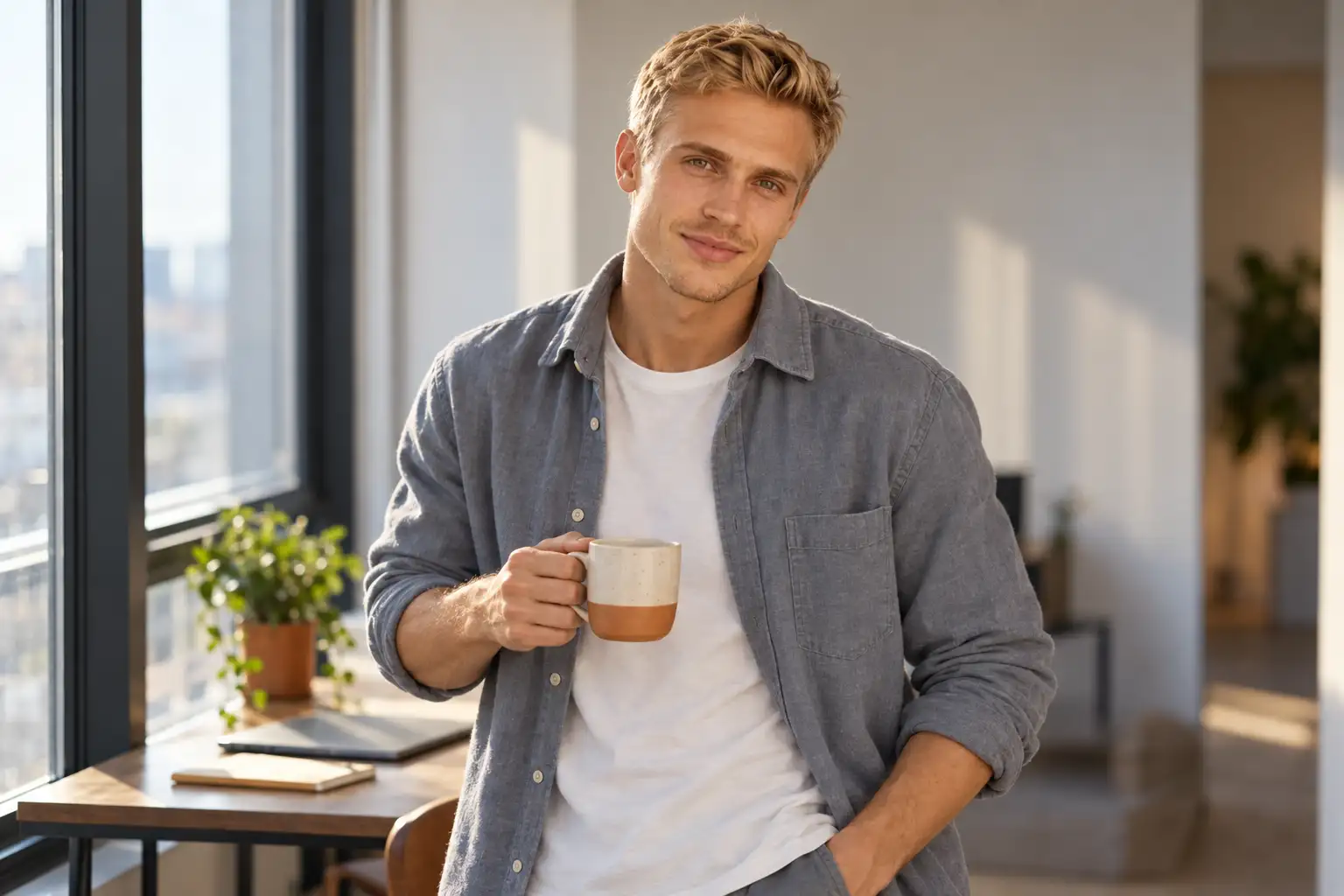 Jack Fletcher, an AI-generated side-hustle creator, standing by a bright window with a morning coffee