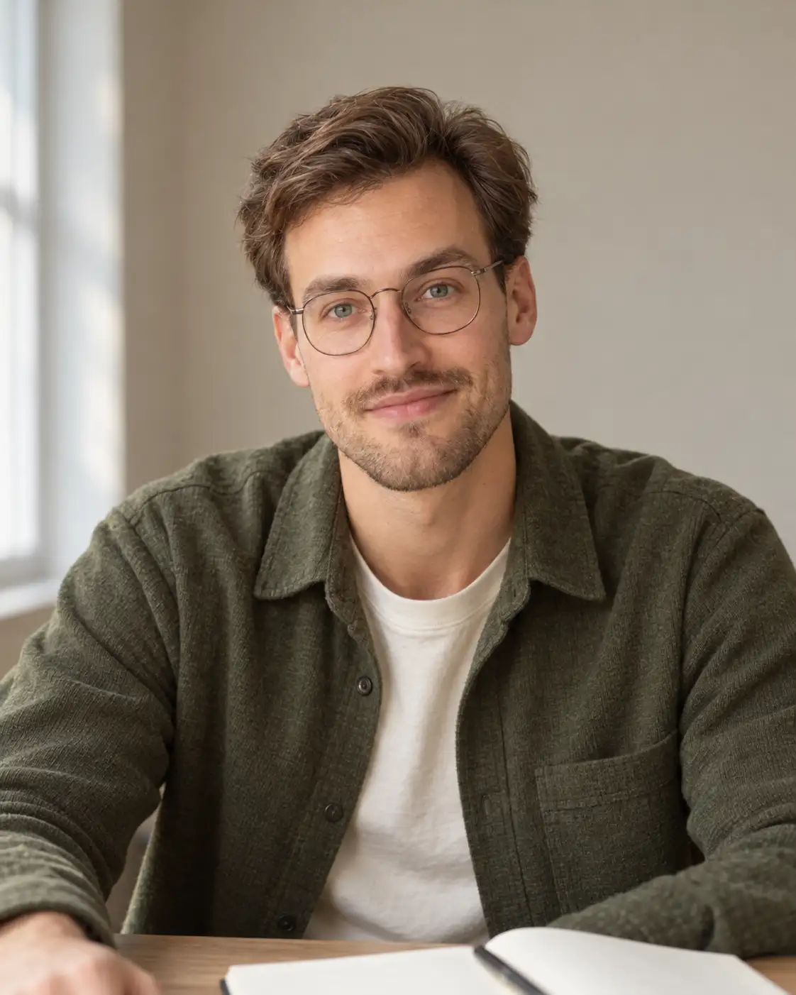Nolan Pierce, an AI-generated tech creator, at his desk with notebooks and a laptop