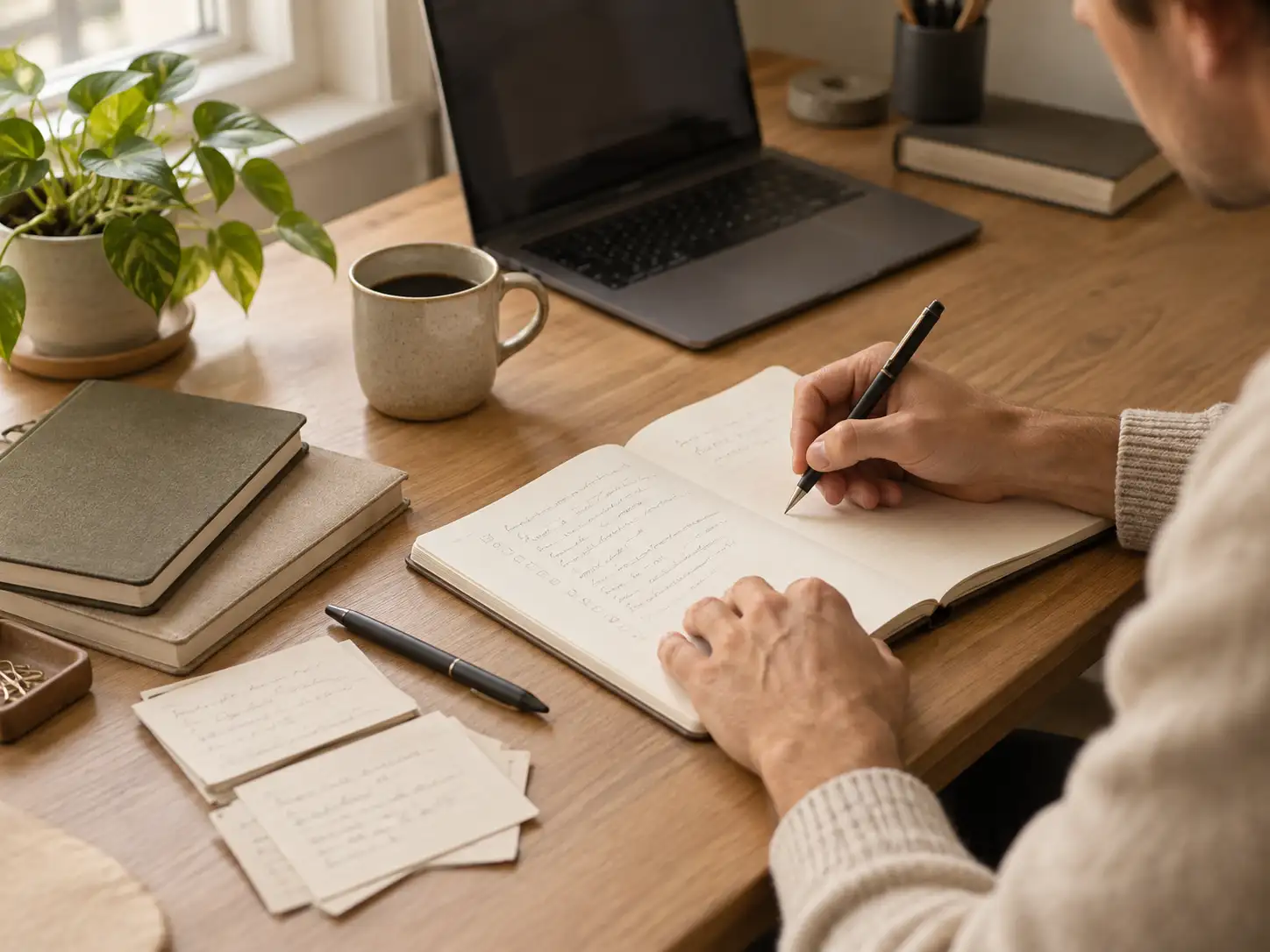 Nolan Pierce's desk with open notebooks, handwritten notes, a laptop, and a mug of coffee in soft morning light
